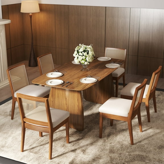 Guyou Farmhouse Rattan Dining Chairs Set of 6, Mid Century Modern Dining Side Chairs with Natural Hardwood Frame, Linen Upholstered French Guyou Kitchen Chairs for Dining Room Bistro, Beige