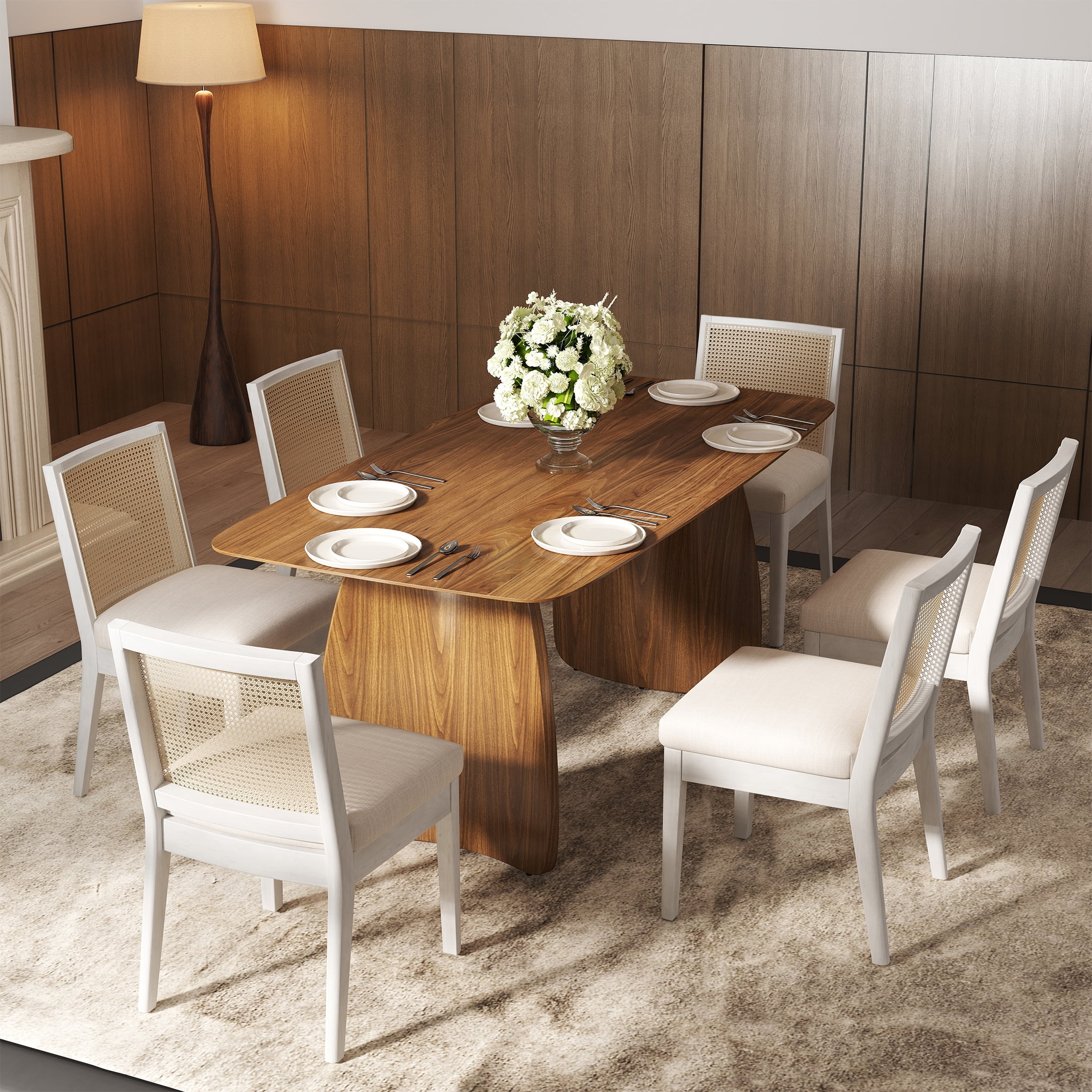 Guyou Farmhouse Rattan Dining Chairs Set of 6, Mid Century Modern Dining Side Chairs with White Hardwood Frame, Linen Upholstered French Country Kitchen Chairs for Dining Room Bistro, Beige