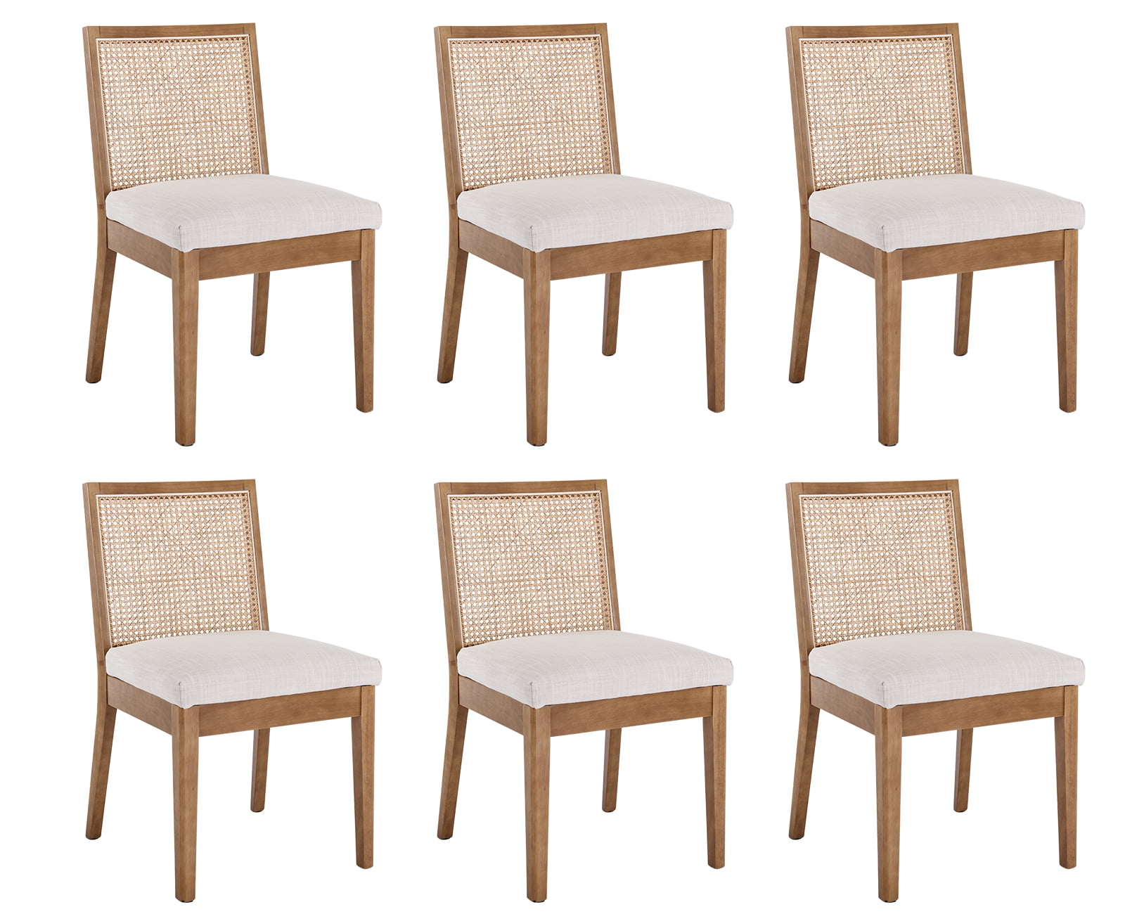 Guyou Farmhouse Rattan Dining Chairs Set of 6, Mid Century Modern Dining Side Chairs with Natural Hardwood Frame, Linen Upholstered French Guyou Kitchen Chairs for Dining Room Bistro, Beige