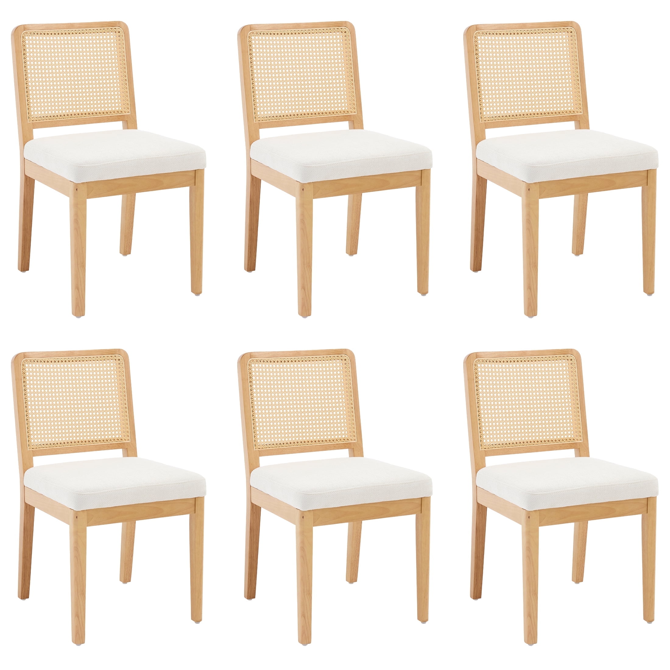 Guyou Farmhouse Rattan Dining Chairs Set of 6, Modern Wooden Kitchen Chairs with Cane Back, Chenille Upholstered Dining Room Chairs, Boho Wicker Woven Dining Side Chairs for Dining Room, White