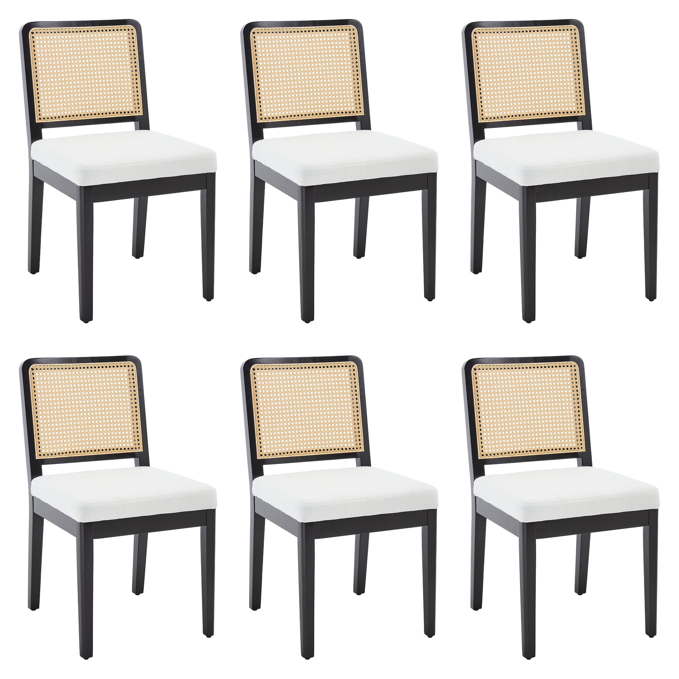 Guyou Farmhouse Rattan Dining Chairs Set of 6, Modern Wooden Kitchen Chairs with Cane Back, Linen Upholstered Dining Room Chairs, Boho Wicker Woven Dining Side Chairs for Dining Room, Beige