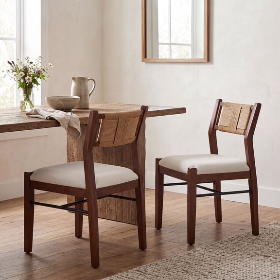 Guyou Farmhouse Rope Woven Dining Chairs Set of 2, Armless Chenille Upholstery Kitchen Chairs with 15°Inclined Woven Backrest, Walnut Wood Frame Side Chairs for Kitchen Dining & Bistro, White