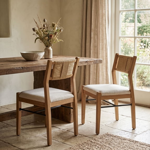 Guyou Farmhouse Rope Woven Dining Chairs Set of 2, Armless Linen Upholstery Kitchen Chairs with 15°Inclined Woven Backrest, Natural Wood Frame Side Chairs for Kitchen Dining & Bistro, Beige