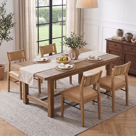 Guyou Farmhouse Rope Woven Dining Chairs Set of 4, Armless PU Upholstery Kitchen Chairs with 15°Inclined Woven Backrest, Natural Wood Frame Side Chairs for Kitchen Dining & Bistro, Brown