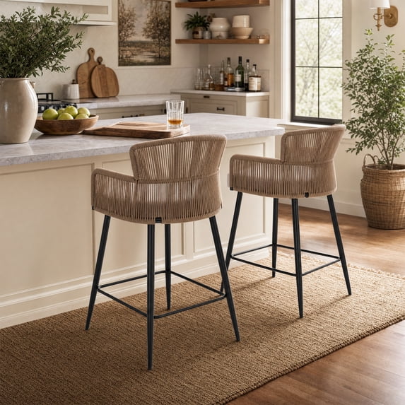 Guyou Farmhouse Woven Bar stools Set of 2, 27 Inch Linen Upholstered Rattan Counter Height Bar Chairs, Modern Cane Kitchen Island Chairs with Curved Back for Dining Room Patio Garden, White