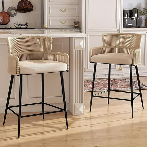 Guyou Farmhouse Woven Bar stools Set of 2, 27 Inch Linen Upholstered Rattan Counter Height Bar Chairs, Modern Cane Kitchen Island Chairs with Curved Back for Dining Room Patio Garden, White