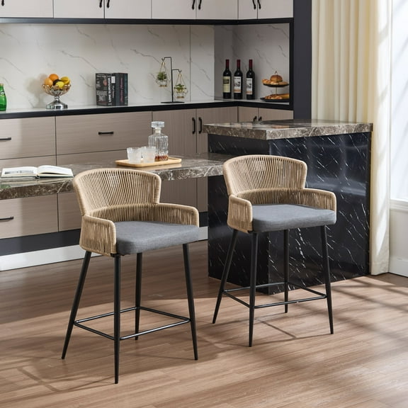Guyou Farmhouse Woven Bar stools Set of 2, 28 Inch Linen Upholstered Rattan Counter Height Bar Chairs, Modern Cane Kitchen Island Chairs with Curved Back for Dining Room Patio Garden, Gray