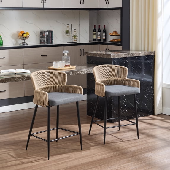 Guyou Farmhouse Woven Bar stools Set of 2, 28 Inch Linen Upholstered Rattan Counter Height Bar Chairs, Modern Cane Kitchen Island Chairs with Curved Back for Dining Room Patio Garden, Gray