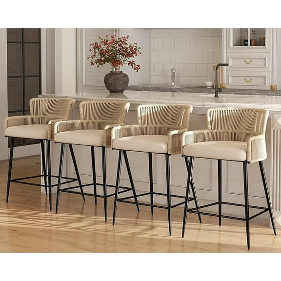 Guyou Farmhouse Woven Bar stools Set of 4, 27 Inch Linen Upholstered Rattan Counter Height Bar Chairs, Modern Cane Kitchen Island Chairs with Curved Back for Dining Room Patio Garden, White