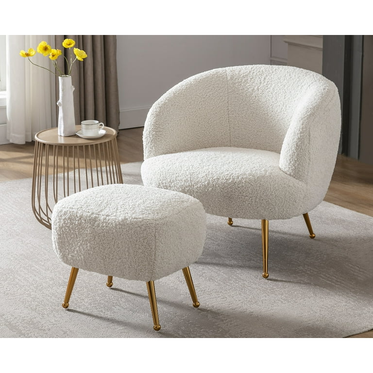 Guyou Faux Fur Sherpa Chair with Ottoman Set Modern Barrel