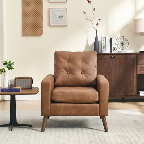 Guyou Faux Leather Armchair, Mid Century Modern Button Tufted Accent Chair, Upholstered Single Sofa with Wooden Legs, Club Chair for Living Room Bedroom Reading, Retro Brown