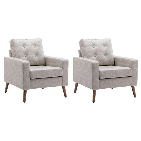 Guyou Faux Leather Armchair Set of 2, Mid Century Modern Button Tufted Accent Chair, Upholstered Single Sofa with Wooden Legs, Club Chair for Living Room Bedroom Reading, Grey