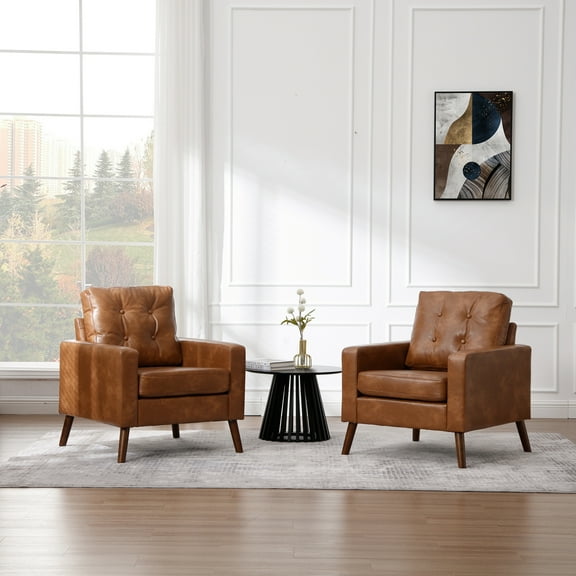 Guyou Faux Leather Armchair Set of 2, Mid Century Modern Button Tufted Accent Chair, Upholstered Single Sofa with Wooden Legs, Club Chair for Living Room Bedroom Reading, Retro Brown