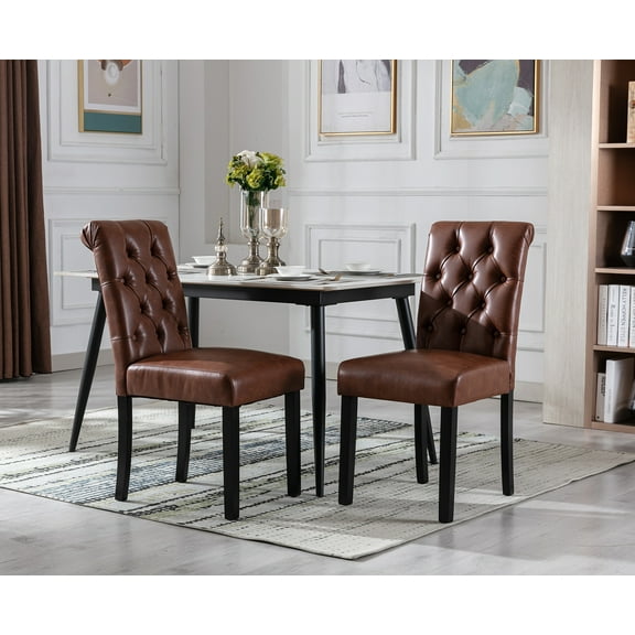 Guyou Faux Leather Dining Chairs Set of 2, Mid Century Modern Solid Wood Parsons Chairs, Button Tufted Upholstered Armless Kitchen Side Chairs with High Back for Dining Room Kitchen Restaurant, Brown