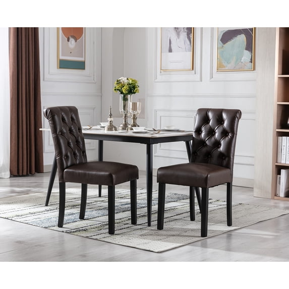 Guyou Faux Leather Dining Chairs Set of 2, Mid Century Modern Solid Wood Parsons Chairs, Button Tufted Upholstered Armless Side Chairs with High Back for Dining Room Kitchen Restaurant, Chocolate