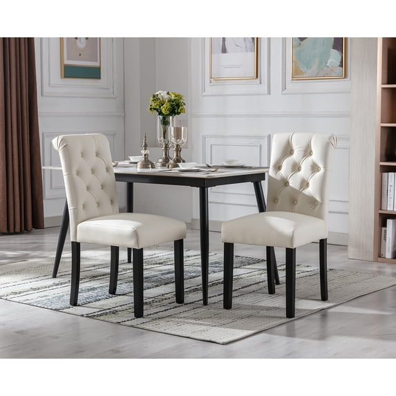 Guyou Faux Leather Dining Chairs Set of 2, Mid Century Modern Solid Wood Parsons Chairs, Button Tufted Upholstered Armless Side Chairs with High Back for Dining Room Kitchen Restaurant, Cream
