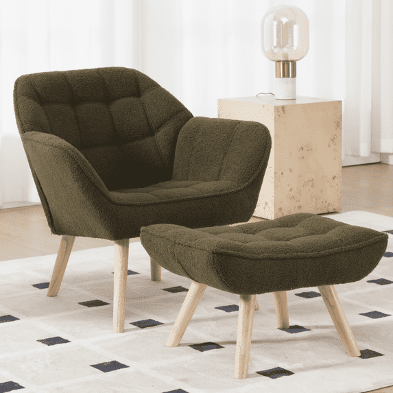 Guyou Faux Fur Accent Chair with Ottoman - 32" Wide Plush Lounge Chair for Living Room, Round Tufted Back Armchair, Cozy Reading Chair, Green