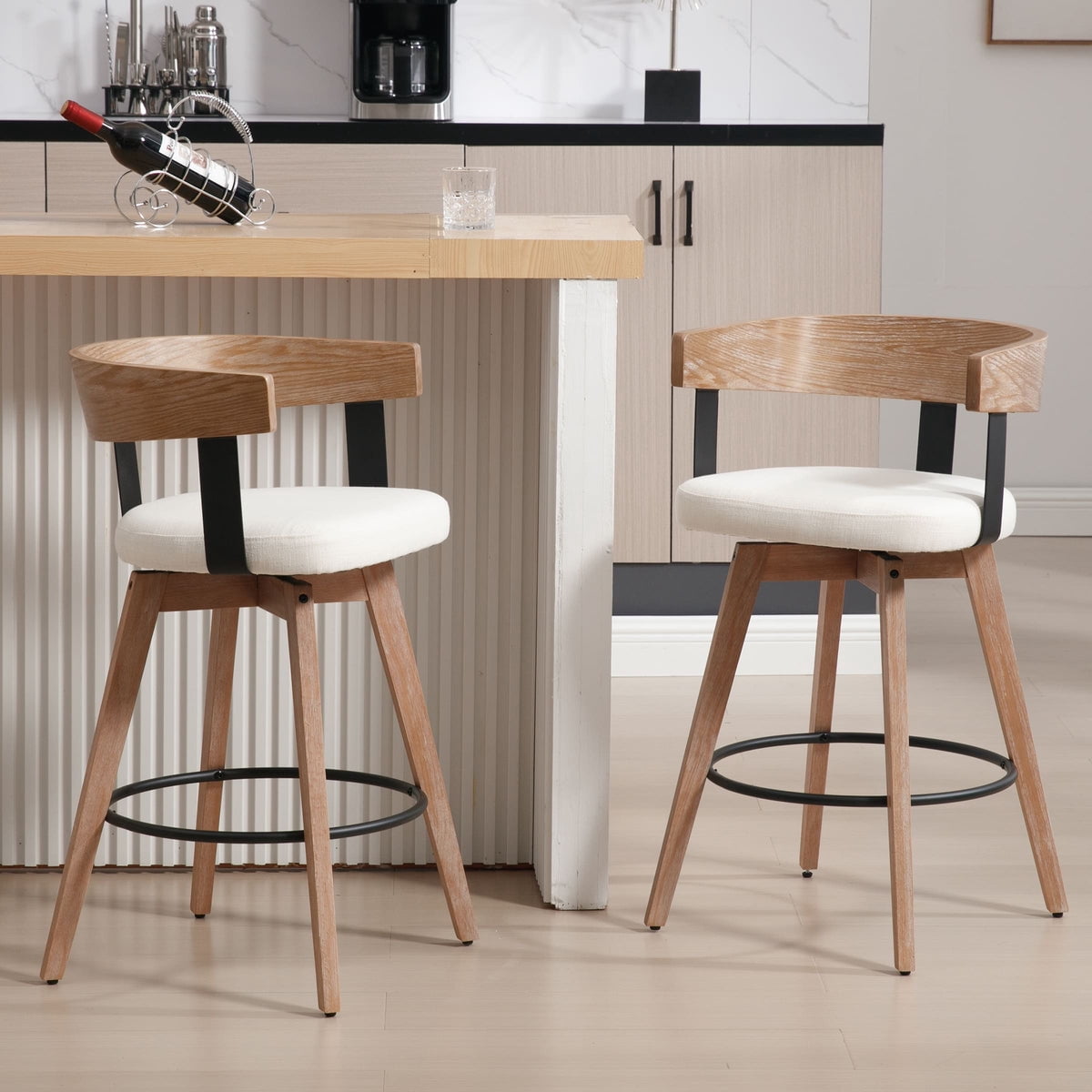 Guyou Modern Linen Upholstered 360-Degree Swivel Bar Stool Set of 2,26" Counter Height with Footrest & Backrest,Ideal for Kitchen Island & Home Bar, White