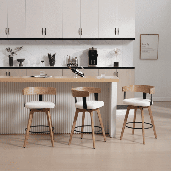 Guyou Modern Linen Upholstered 360-Degree Swivel Bar Stool Set of 3,26" Counter Height with Footrest & Backrest,Ideal for Kitchen Island & Home Bar, White