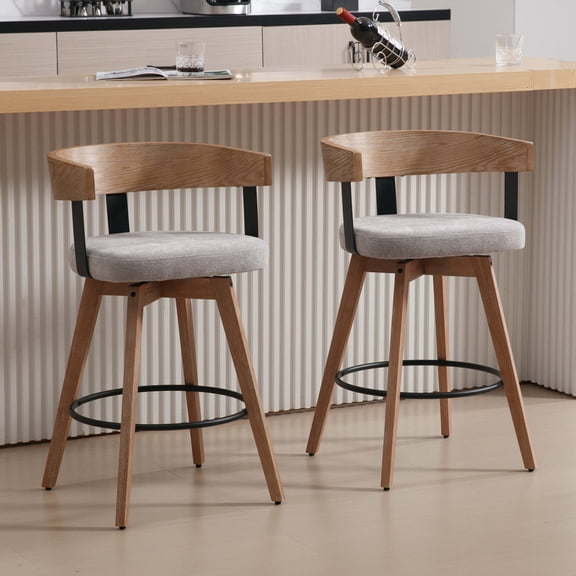 Guyou Modern Linen Upholstered 360-Degree Swivel Bar Stool Set of 2,26" Counter Height with Footrest & Backrest,Ideal for Kitchen Island & Home Bar, Grey