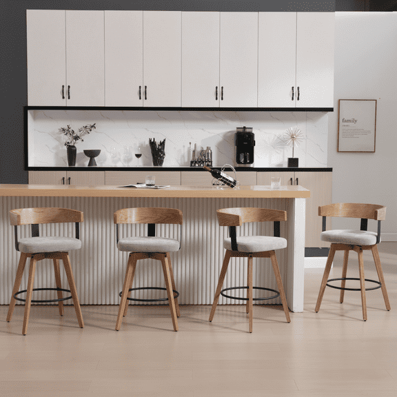 Guyou Modern Linen Upholstered 360-Degree Swivel Bar Stool Set of 4,26" Counter Height with Footrest & Backrest,Ideal for Kitchen Island & Home Bar, Grey