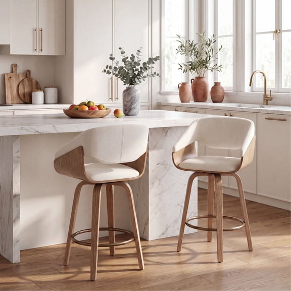 Guyou 26 Inch Swivel Bar Stools Set of 2 Counter Height Round Pedestal Stools Low Back Design Soft Begie Linen Upholstery for Kitchen Island Breakfast Bar Dining Room