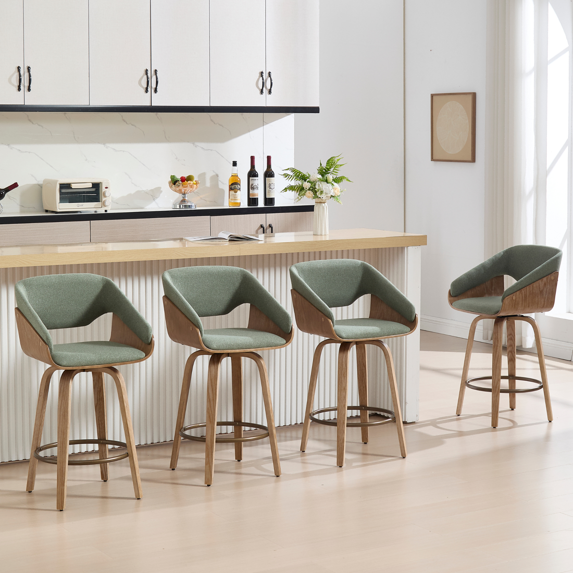 Guyou 26 Inch Swivel Bar Stools Set of 4 Counter Height Round Pedestal Stools Low Back Design Soft Green Linen Upholstery for Kitchen Island Breakfast Bar Dining Room