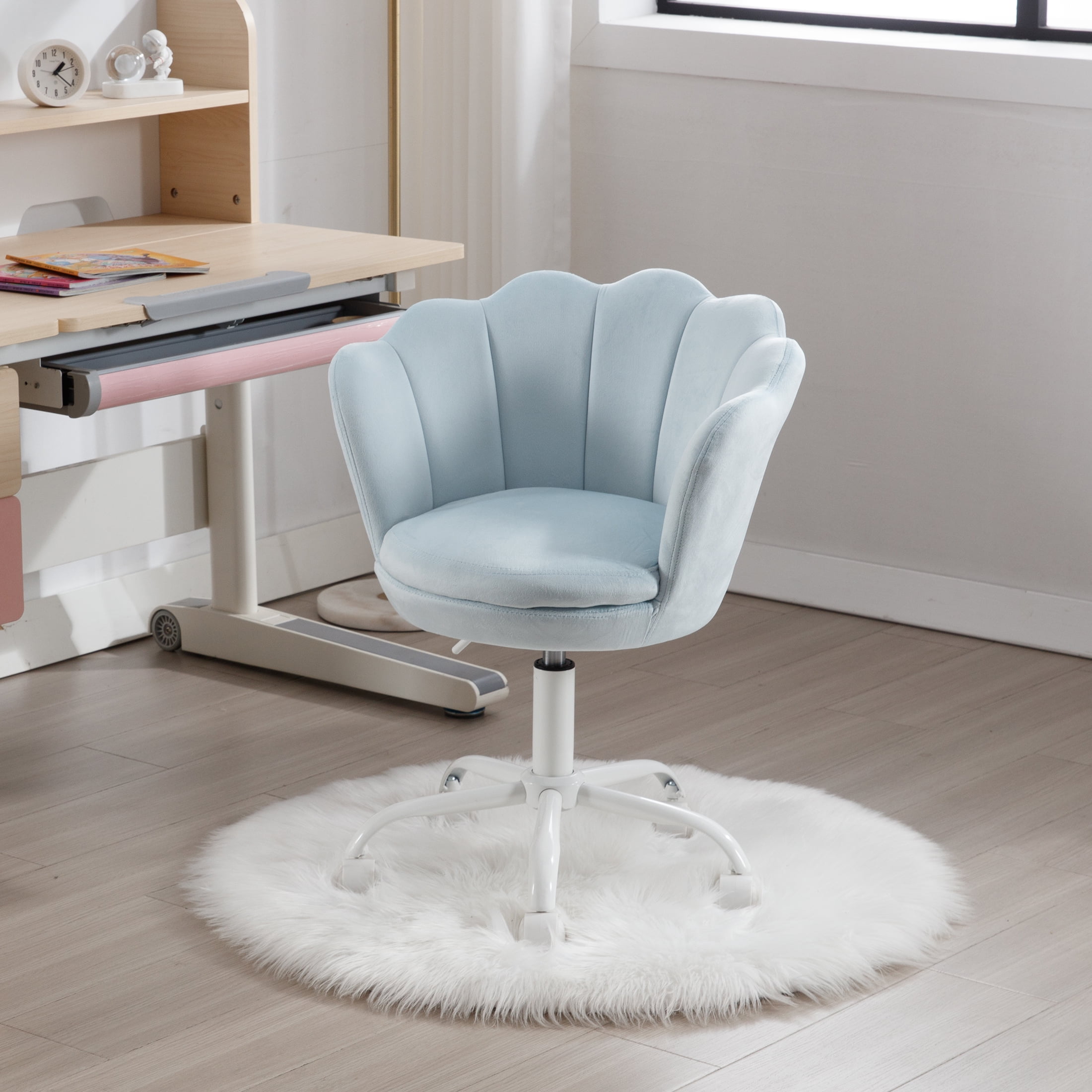 Guyou Kids Desk Chair, Velvet Rolling Swivel Children Chair, Adjustable Student Task Chair, Petal Type Backrest Vanity Chair for Bedroom Dormitory Children Gifts, Blue