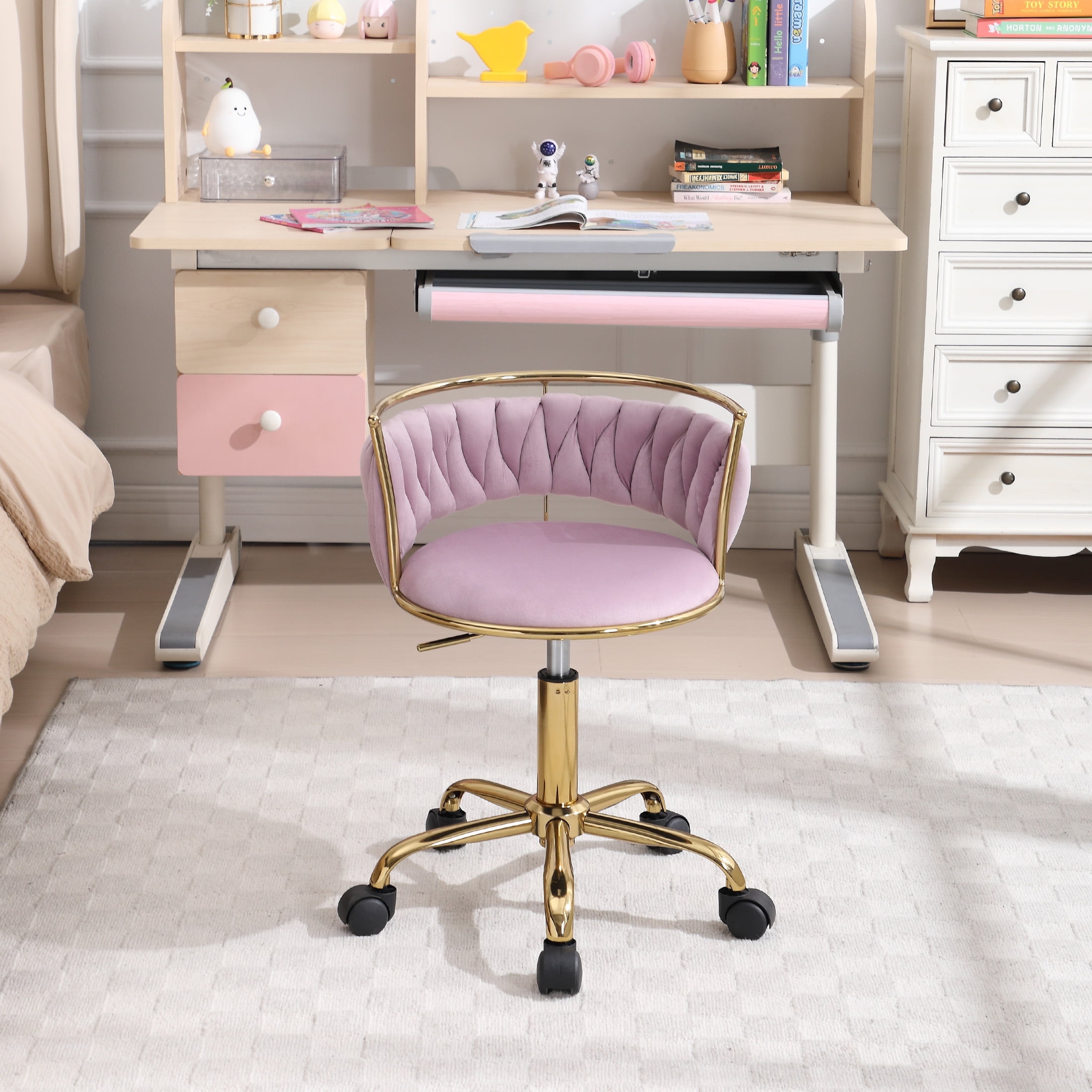Guyou Kids Desk Chair, Velvet Rolling Swivel Children Chair, Adjustable Student Task Chair, Curved Woven Backrest Vanity Chair for Bedroom Dormitory Children Gifts, Light Purple