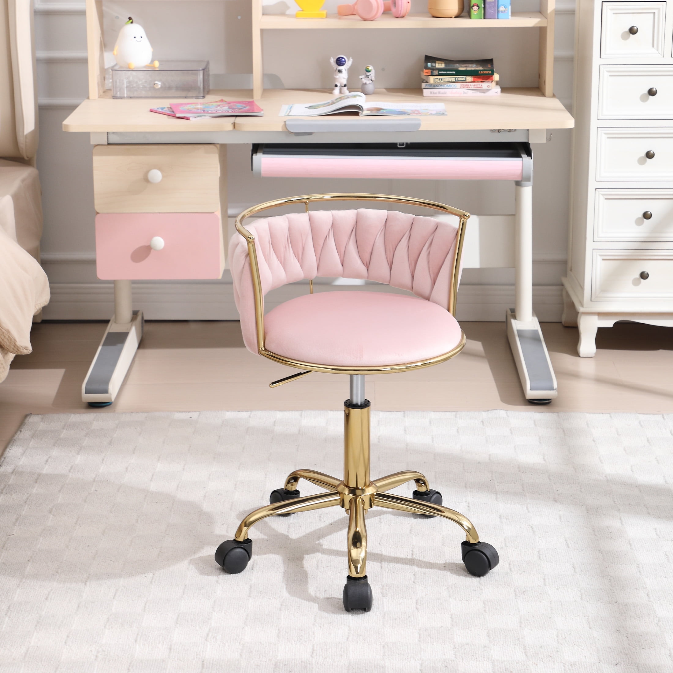 Guyou Kids Desk Chair, Velvet Rolling Swivel Children Chair, Adjustable Student Task Chair, Curved Woven Backrest Vanity Chair for Bedroom Dormitory Children Gifts, Pink