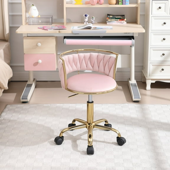 Guyou Kids Desk Chair, Velvet Rolling Swivel Children Chair, Adjustable Student Task Chair, Curved Woven Backrest Vanity Chair for Bedroom Dormitory Children Gifts, Pink