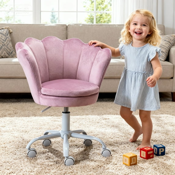 Guyou Kids Desk Chair, Velvet Rolling Swivel Children Chair, Adjustable Student Task Chair, Petal Type Backrest Vanity Chair for Bedroom Dormitory Children Gifts, Light Purple