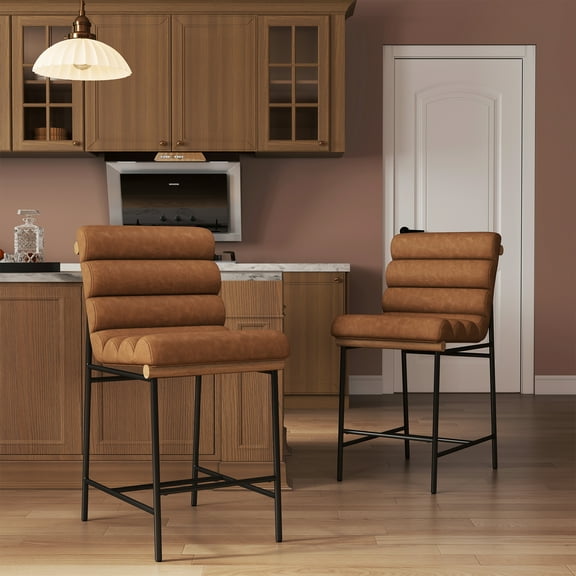 Guyou Leather Bar Stools Set of 2, 25 " Modern Upholstered Counter Height Bar Stools with Deep Channel Tufted Back, Armless Counter Stool with Black Metal Legs for Dining Room Kitchen Island, Brown