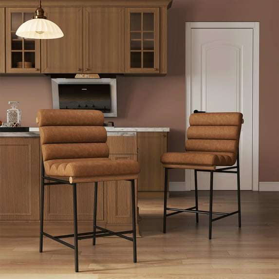 Guyou Leather Bar Stools Set of 2, 25 " Modern Upholstered Counter Height Bar Stools with Deep Channel Tufted Back, Armless Counter Stool with Black Metal Legs for Dining Room Kitchen Island, Brown