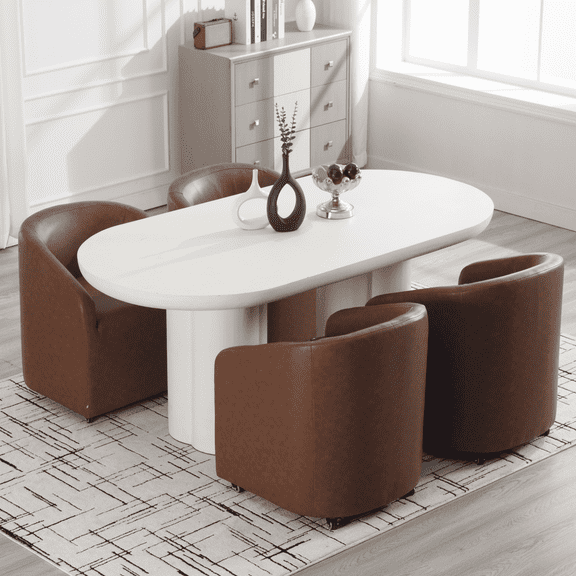 Guyou Leather Barrel Chairs - Set of 4, 24.5" Wide Accent Chairs for Living Room & Dining Room, Genuine Leather Lounge Chairs, Brown