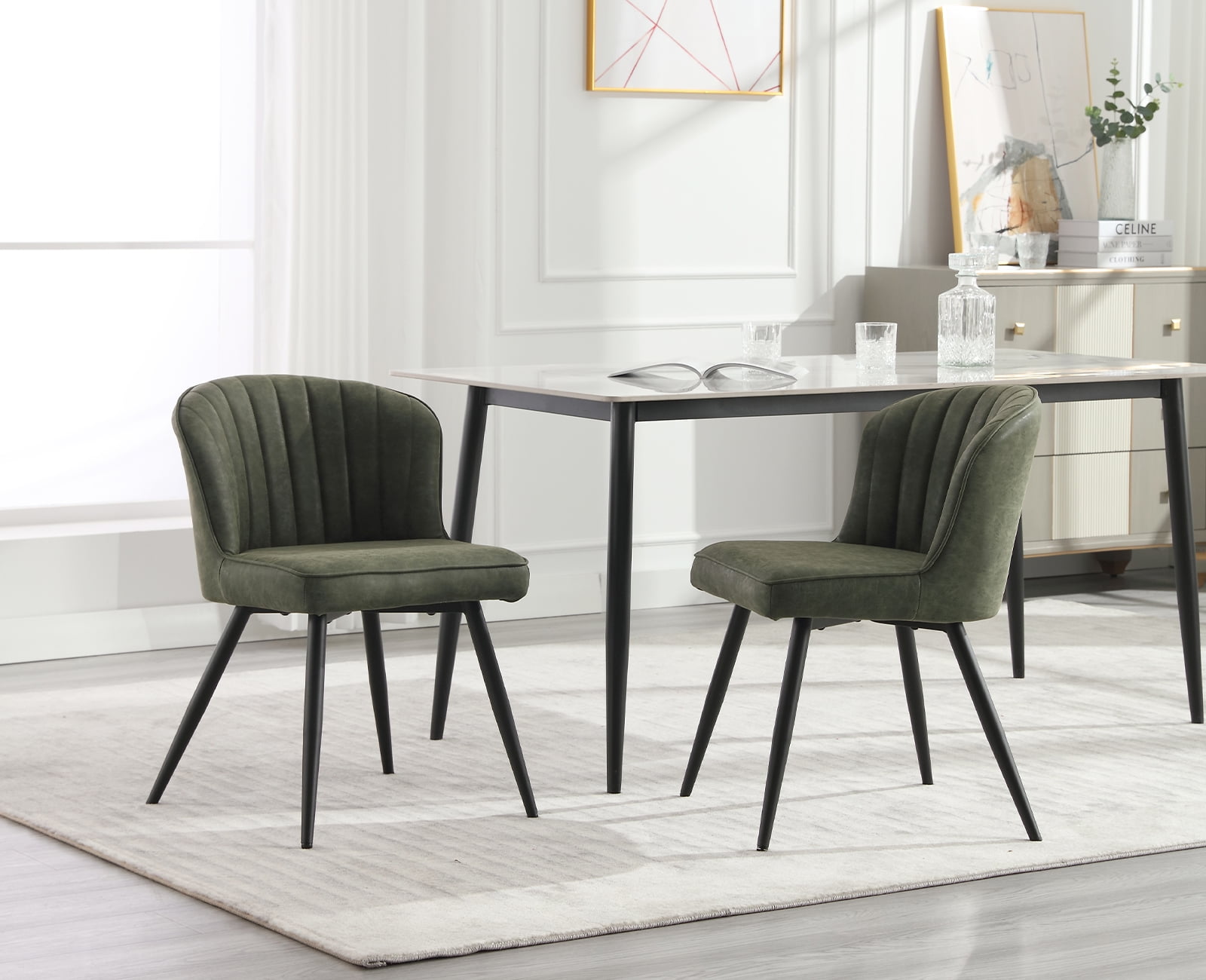 Green Faux Leather Upholstered Dining Chairs with Metal Legs, Set of 2