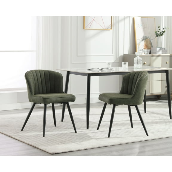 Guyou Leather Dining Chairs Set of 2, Modern Kitchen Chairs with Shell Back and Metal Legs, Comfy Armless Side Chairs for Living Room Dining Room Kitchen, Green