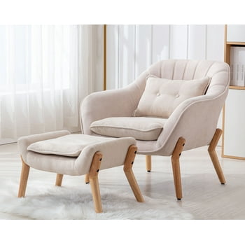 Guyou Linen Accent Chair and Ottoman Set, Modern Curved Backrest Lounge Armchair with Pillow for Living Room Bedroom, Beige