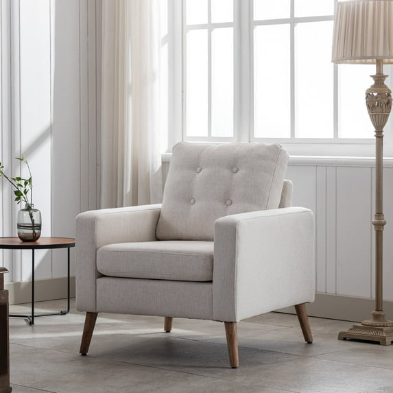 Guyou Linen Armchair, Mid Century Modern Button Tufted Accent Chair, Upholstered Single Sofa with Wooden Legs, Club Chair for Living Room Bedroom Reading, Beige
