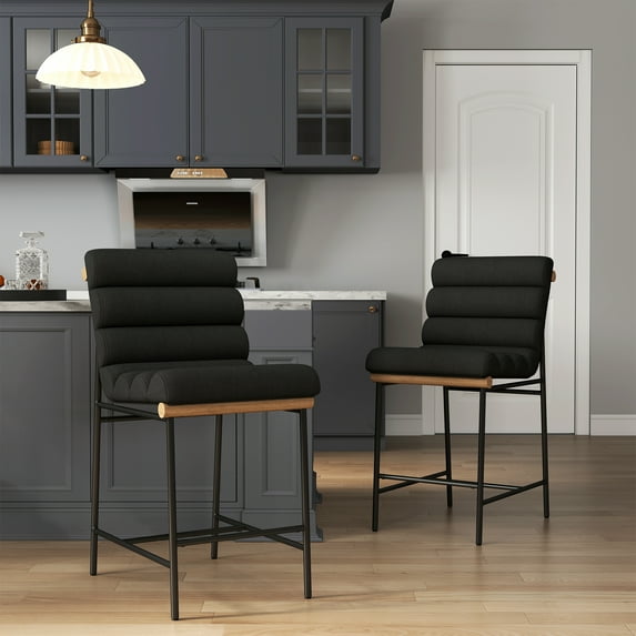 Guyou Linen Bar Stools Set of 2, 25 " Modern Upholstered Counter Height Bar Stools with Deep Channel Tufted Back, Armless Counter Stool with Black Metal Legs for Dining Room Kitchen Island, Black