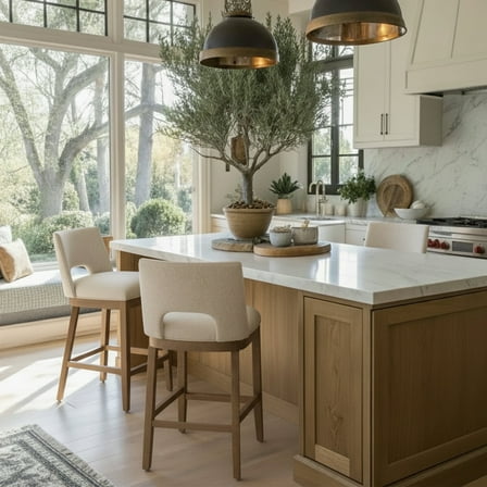 Guyou Linen Bar Stools Set of 2, 26" Modern Counter Height Barstools, Farmhouse Wooden Kitchen Island Chairs with Open Back for Restaurant Kitchen Bar, Beige