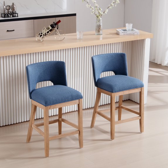 Guyou Linen Bar Stools Set of 2, 26" Modern Counter Height Barstools, Farmhouse Wooden Kitchen Island Chairs with Open Back for Restaurant Kitchen Bar, Blue
