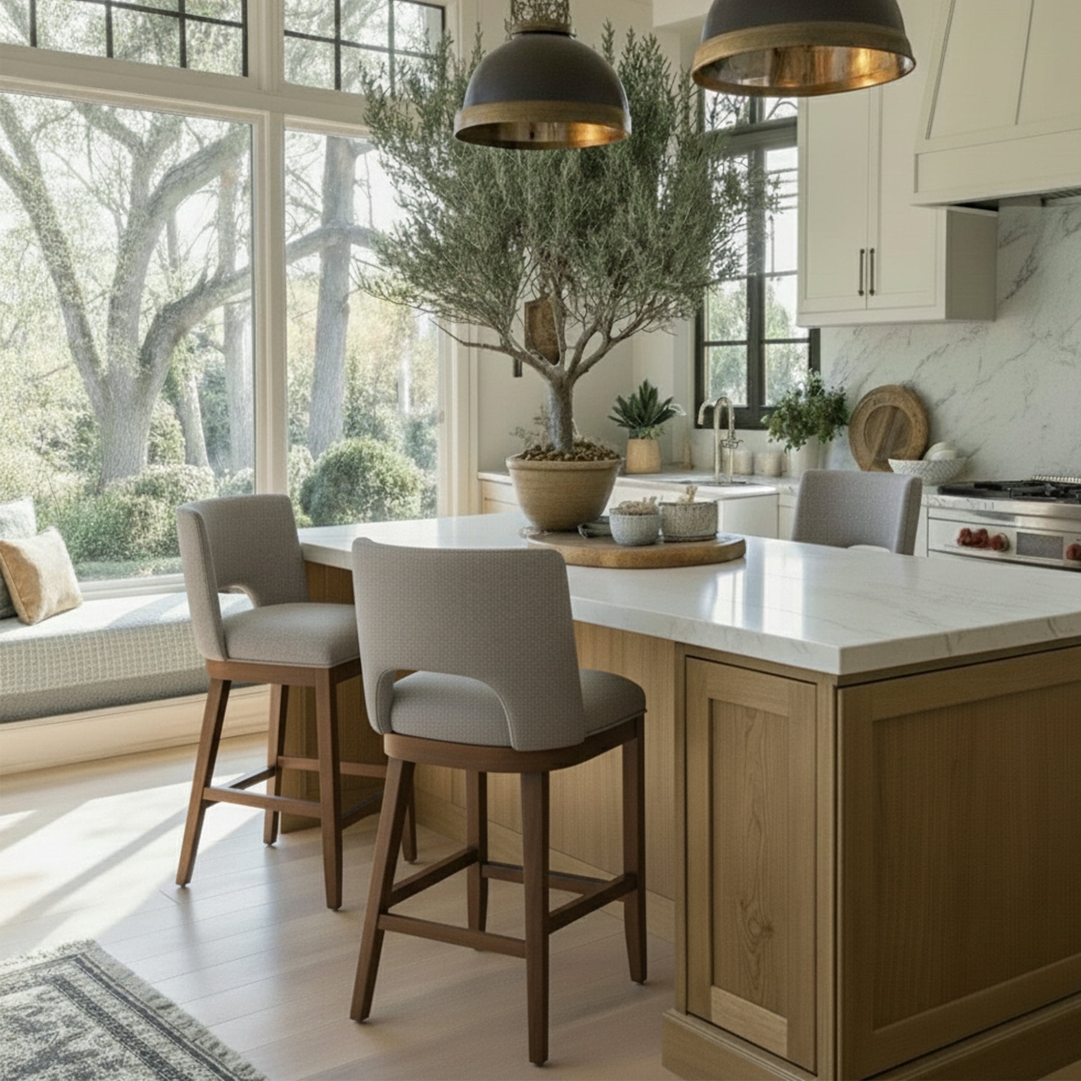 Guyou Linen Bar Stools Set of 2, 26" Modern Counter Height Barstools, Farmhouse Wooden Kitchen Island Chairs with Open Back for Restaurant Kitchen Bar, Grey