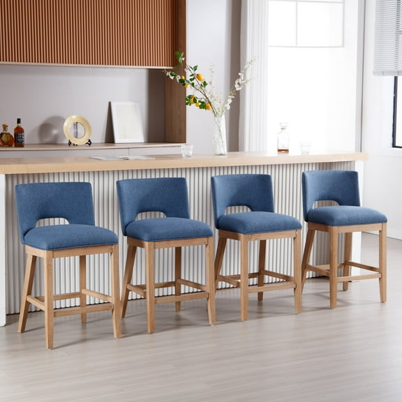 Guyou Linen Bar Stools Set of 4, 26" Modern Counter Height Barstools, Farmhouse Wooden Kitchen Island Chairs with Open Back for Restaurant Kitchen Bar, Blue