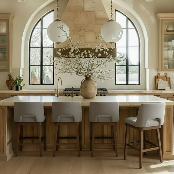 Guyou Linen Bar Stools Set of 4, 26" Modern Counter Height Barstools, Farmhouse Wooden Kitchen Island Chairs with Open Back for Restaurant Kitchen Bar, Grey