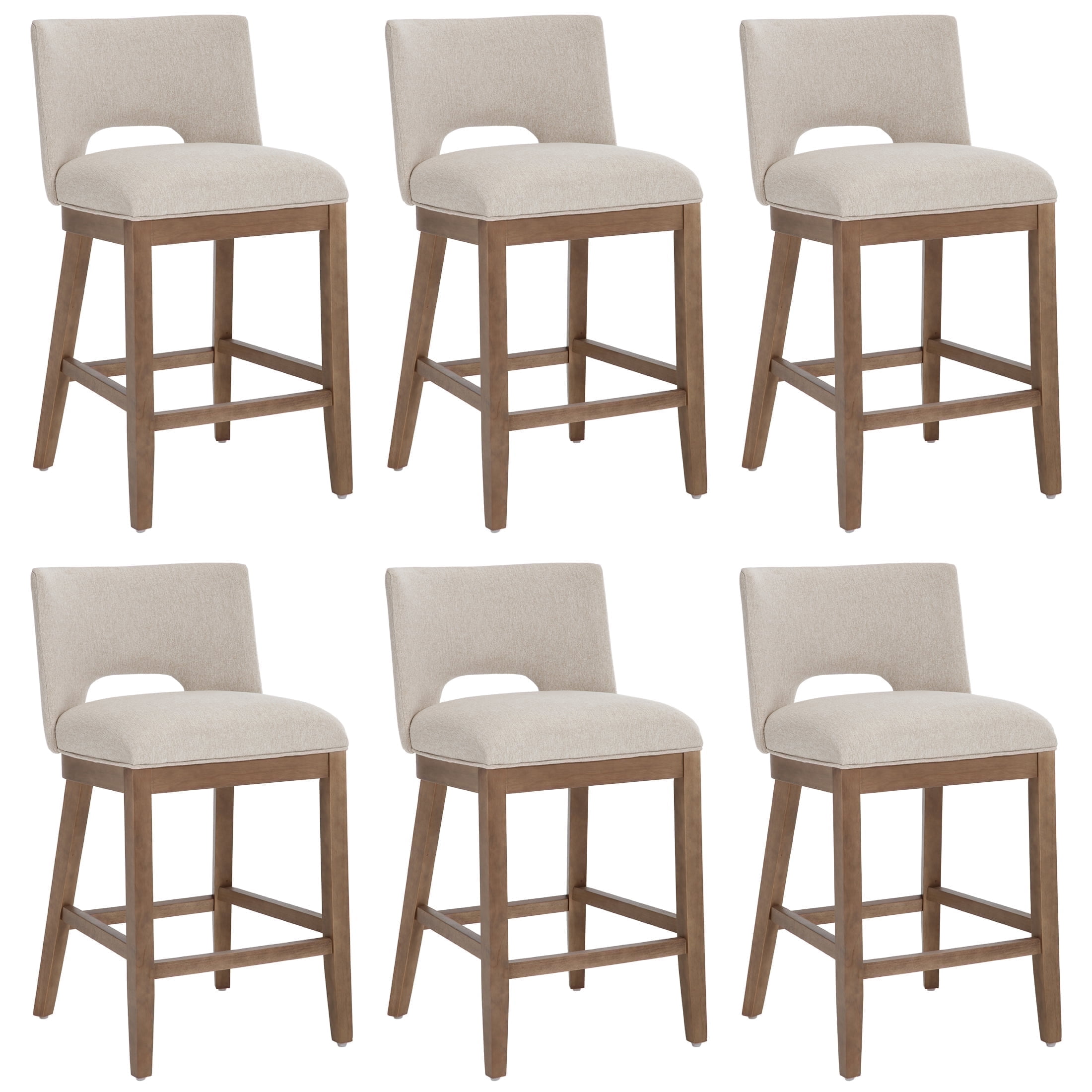 Guyou Linen Bar Stools Set of 6, 26" Modern Counter Height Barstools, Farmhouse Wooden Kitchen Island Chairs with Open Back for Restaurant Kitchen Bar, Beige
