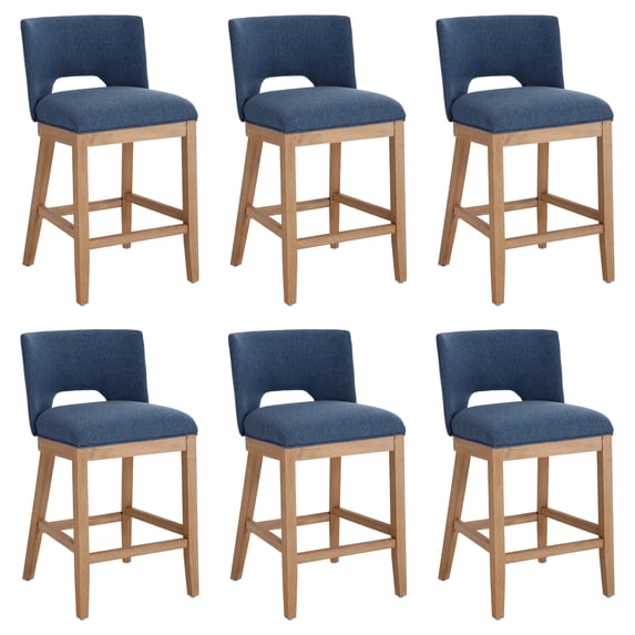 Guyou Linen Bar Stools Set of 6, 26" Modern Counter Height Barstools, Farmhouse Wooden Kitchen Island Chairs with Open Back for Restaurant Kitchen Bar, Blue