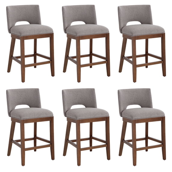 Guyou Linen Bar Stools Set of 6, 26" Modern Counter Height Barstools, Farmhouse Wooden Kitchen Island Chairs with Open Back for Restaurant Kitchen Bar, Grey