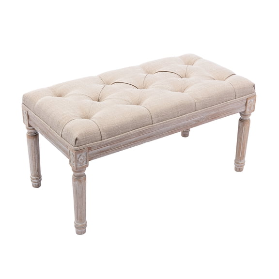 Guyou Linen Entryway Bench, 15.8"H Bedroom End of Bed Bench with Upholstery Button Tufting, Two-person Piano Bench with Rubber Wood Legs for Living Room Dining Room Hallway, Beige