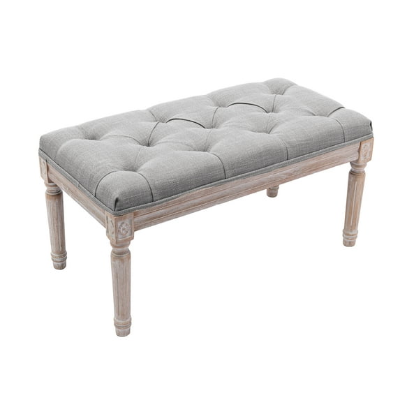 Guyou Linen Entryway Bench, 15.8"H Bedroom End of Bed Bench with Upholstery Button Tufting, Two-person Piano Bench with Rubber Wood Legs for Living Room Dining Room Hallway, Grey